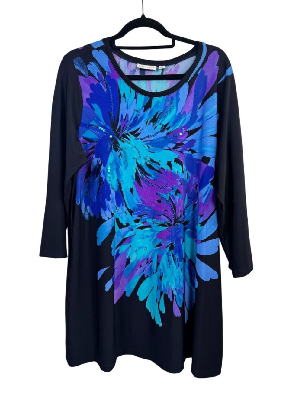 Susan Graver Floral Tunic Top Black Blue Purple Plus 1X Liquid Knit 3/4 Sleeve